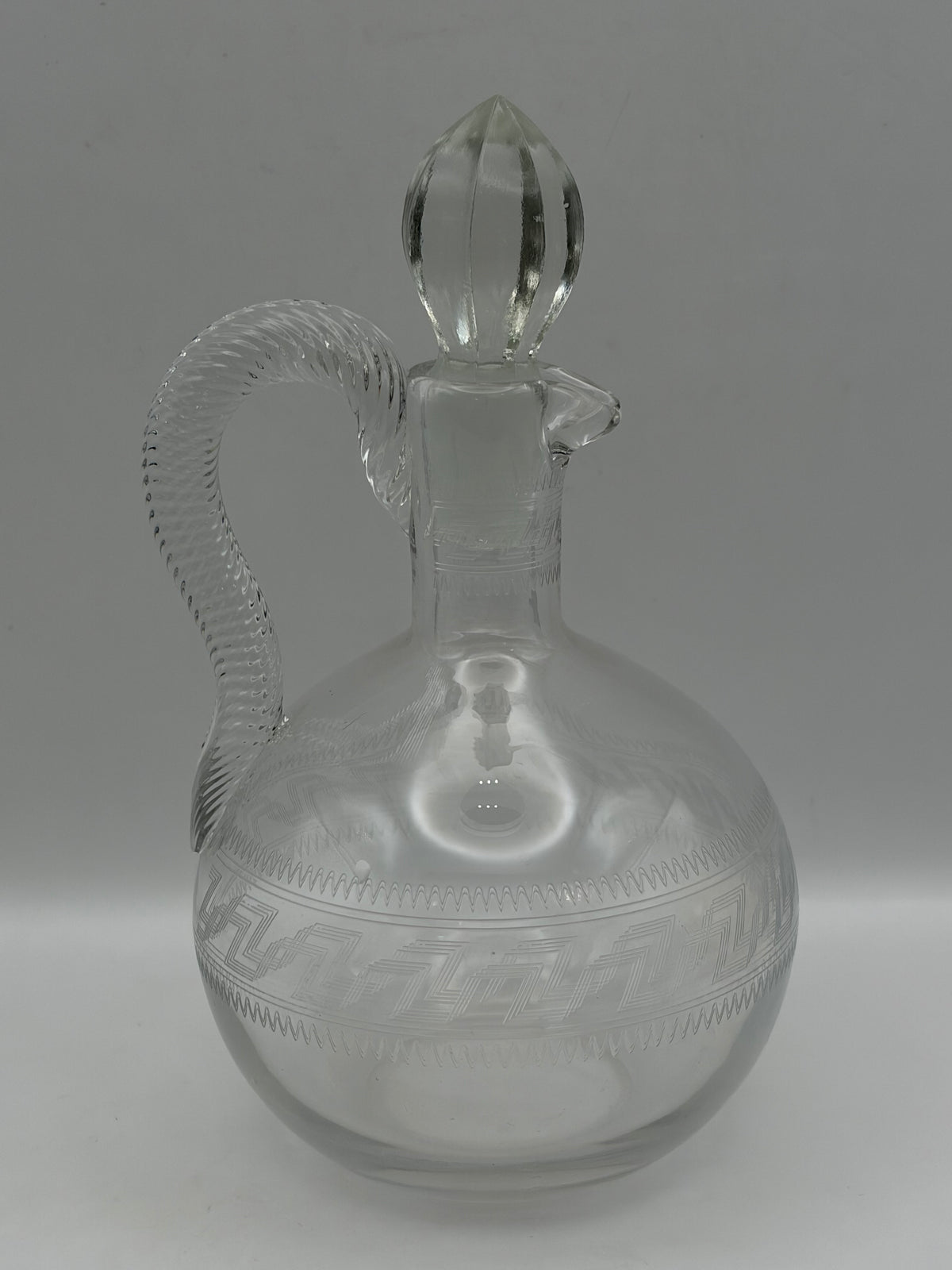 Clear Glass Geometric Round Decanter w/ Stopper & Handle, 8.5" x 5"