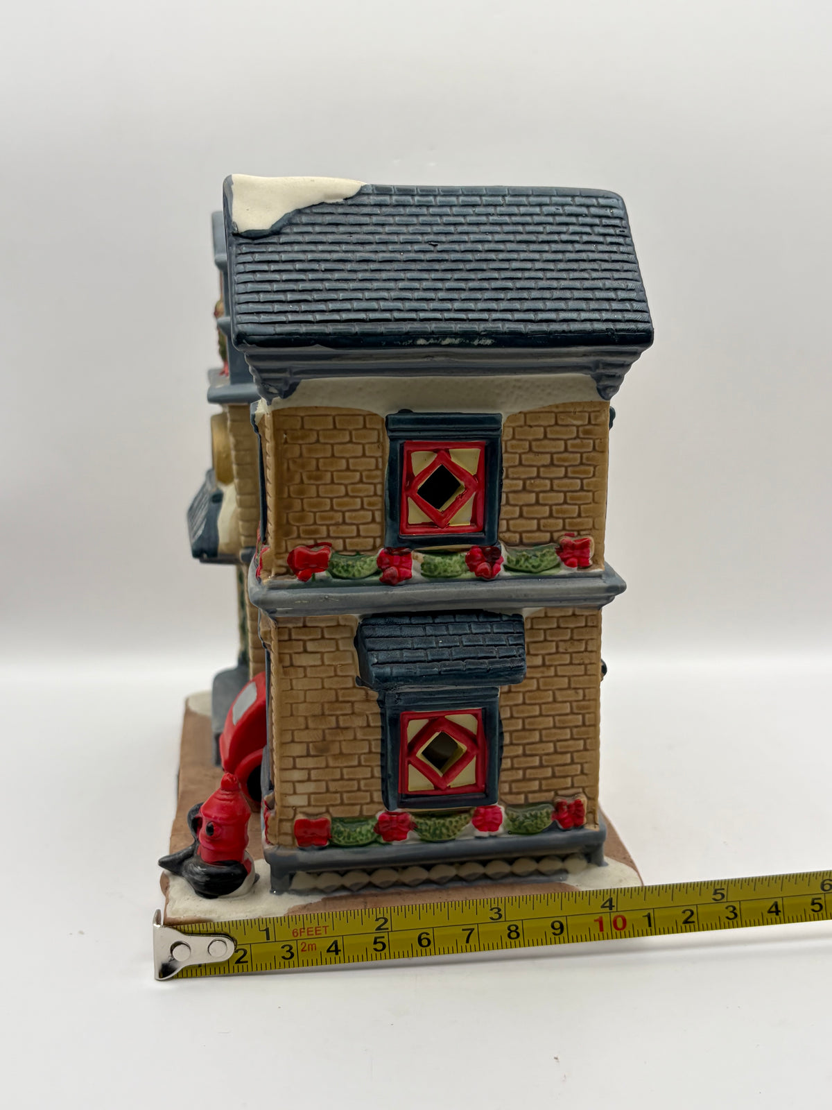Ceramic Holiday Village Fire Station House Building Figurine w/ Red Truck 7in