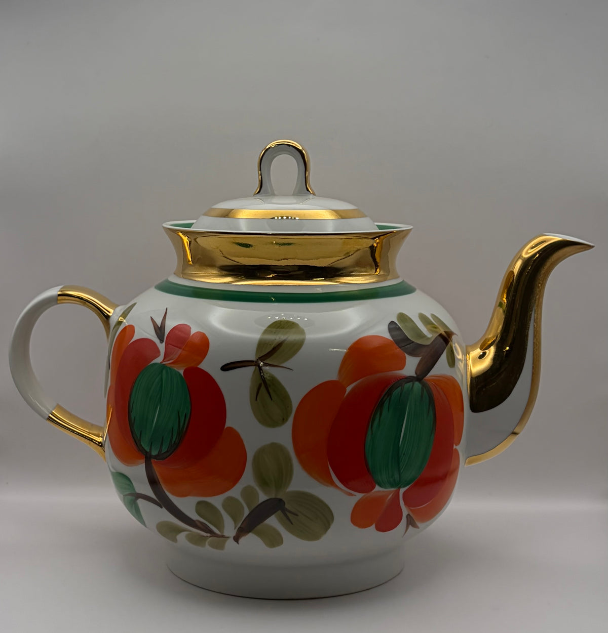 Porcelain Floral Teapot w/ Lid Gold Trim Round Handles Painted Backstamp 7 in