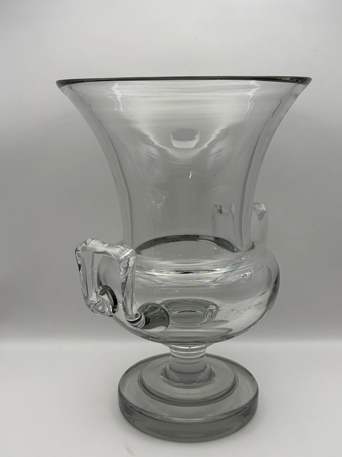 Clear Glass Pedestal Vase With Side Handles Flared Rim 11 in