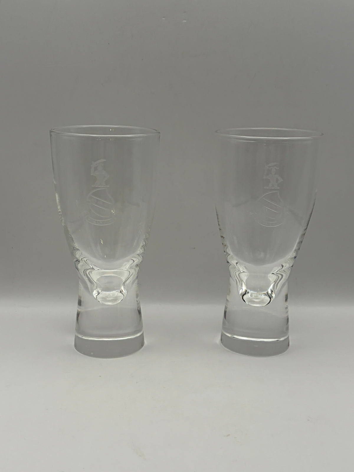 Steuben Fireball Etched Clear Glass Shot Glasses Set of 2, 4.75" H x 2.25" Dia