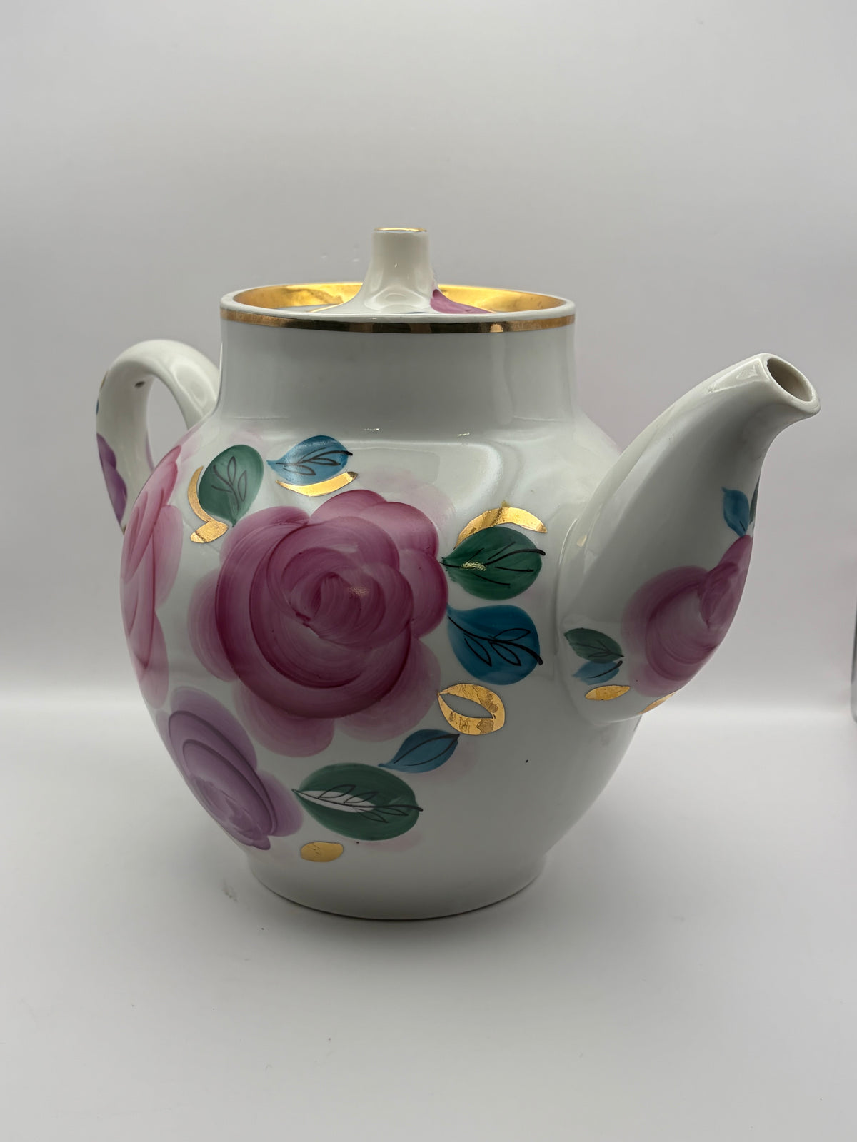 Ceramic Tea Pot Floral Rose White Pink Purple Gold Trim Lid Handle 4 Cup