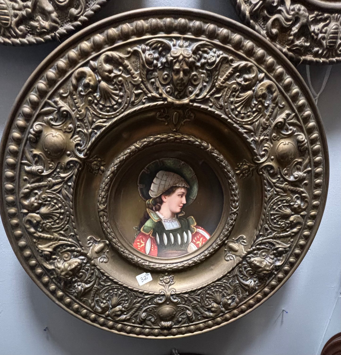 Vienna porcelain portrait cabinet plate embossed brass frame