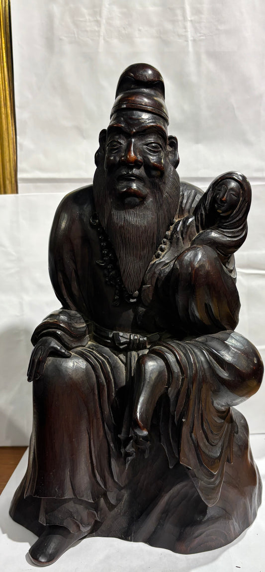 Chinese wooden old man with baby statue carved wood, signed