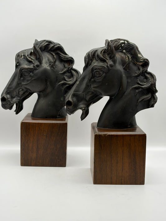Early 20th century horse head bronze sculpture with wood.