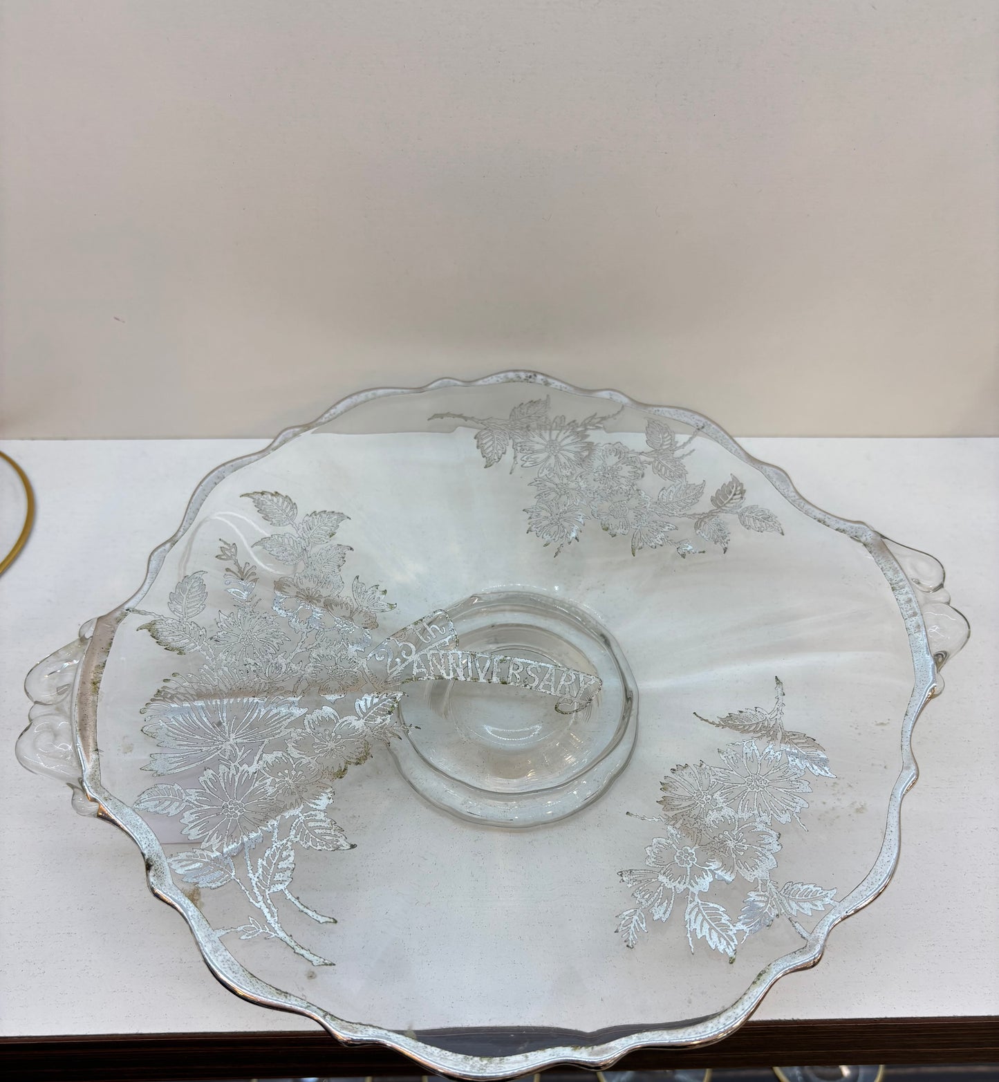 25th Anniversary Clear Crystal Footed Bowl with Silver poppy Flowers and Trim