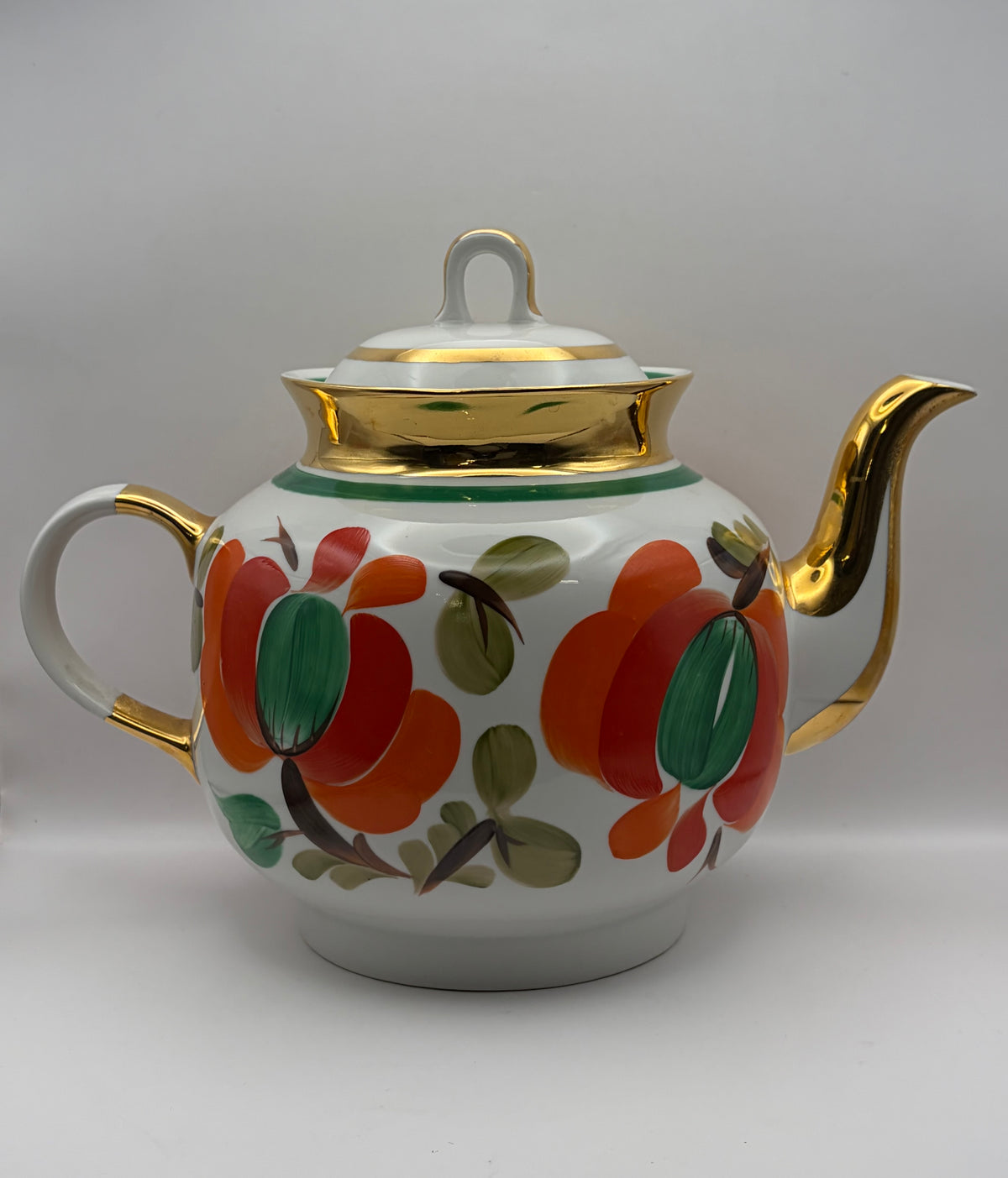 Vintage porcelain  Tea Pot Floral Pattern White Green Band Gold Trim Lid agaski