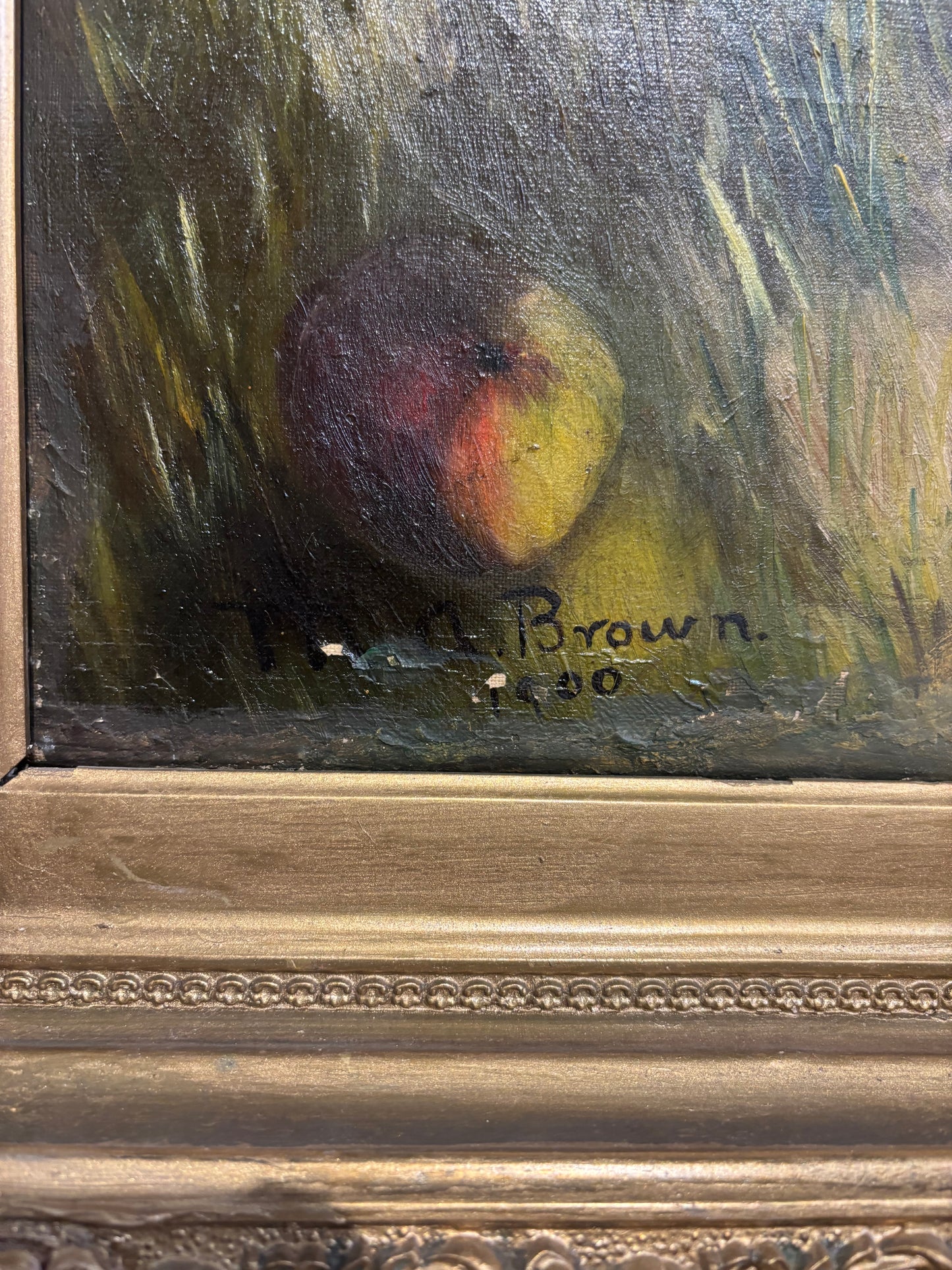 VICTORIAN STYLE OIL ON CANVAS PAINTING OF A GIRL WITH APPLES , 1900, SiGNED BY BROWN