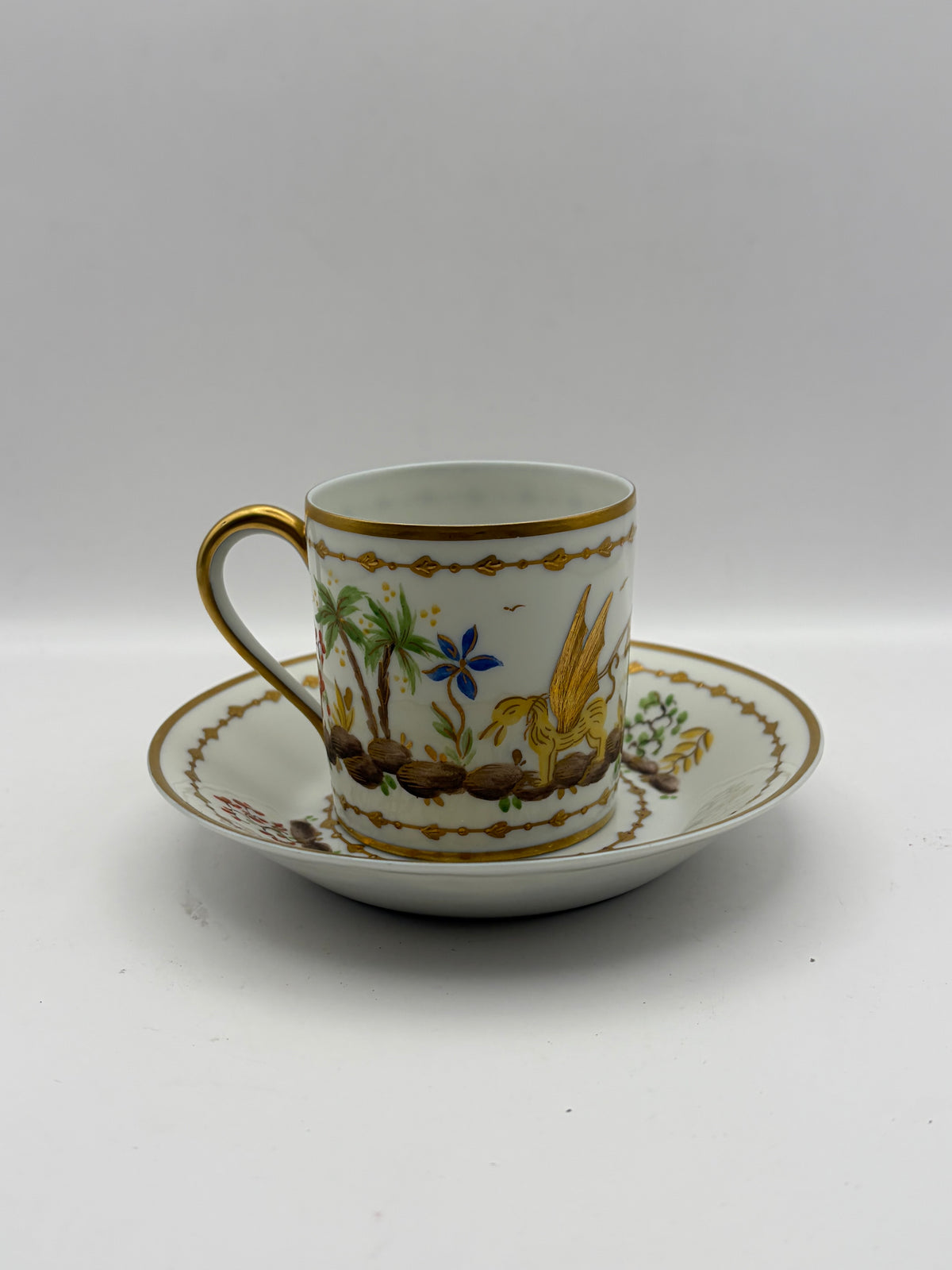 Tiffany & Co Porcelain Cup & Saucer Set, Painted Floral/Bird, White Gold Trim Handle