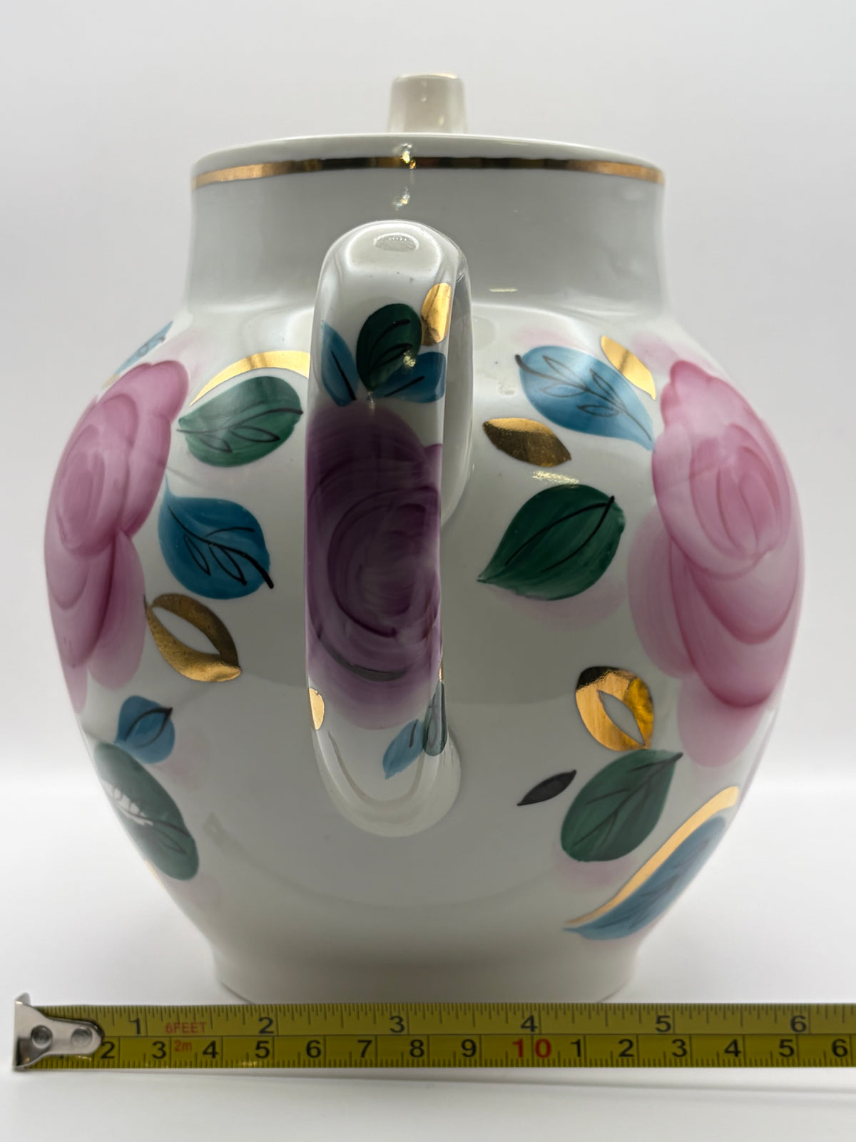 Ceramic Tea Pot Floral Rose White Pink Purple Gold Trim Lid Handle 4 Cup