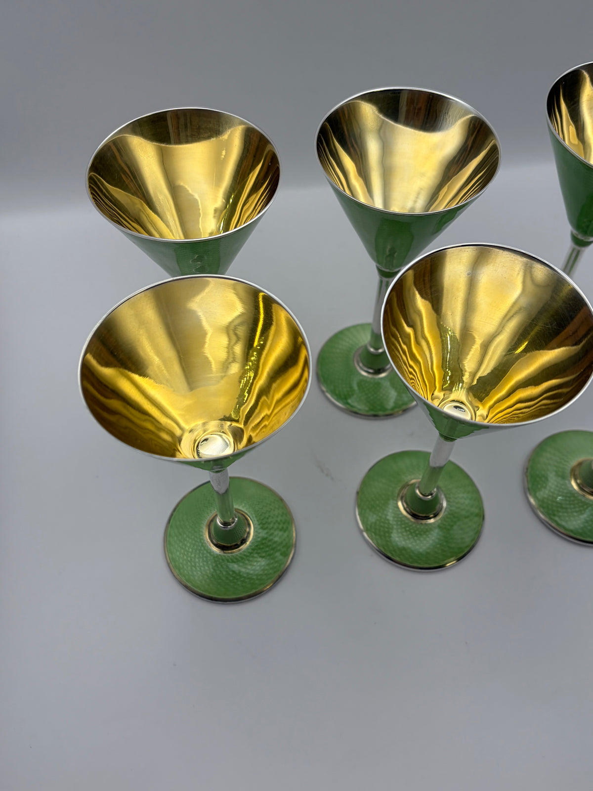 Vintage Germany Art Deco beautiful green guilloché enamel set STERLING SILVER