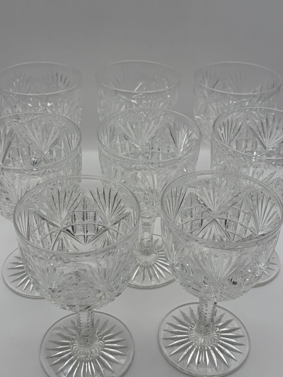 Set of 8 Clear Cut Glass Starburst Wine Glasses/Goblets Stemware 6 in
