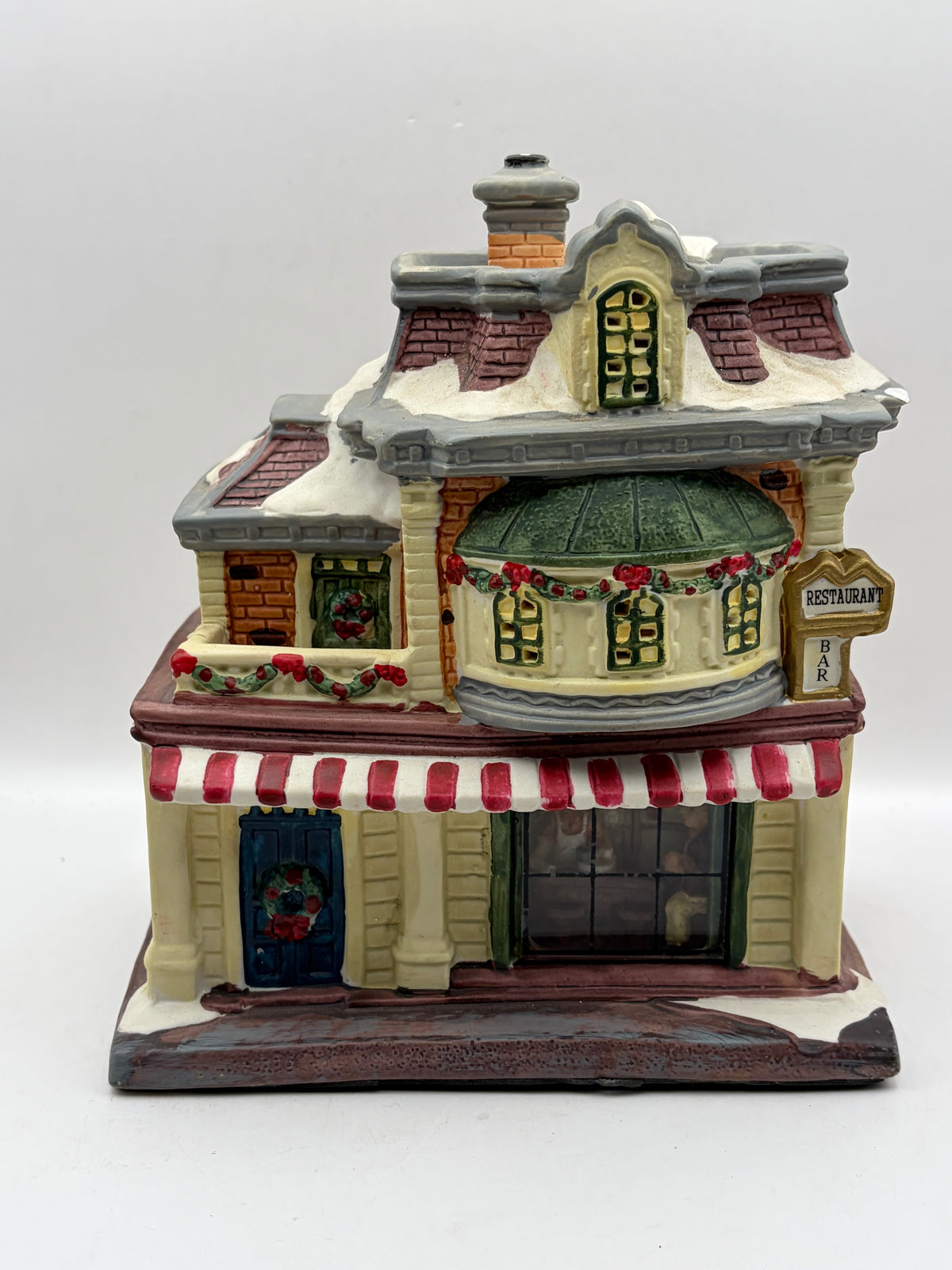 Ceramic Christmas Village Restaurant/Bar House Building, Painted Snow, 8in Tall