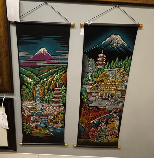 Japan black velvet scroll tapestry set of two