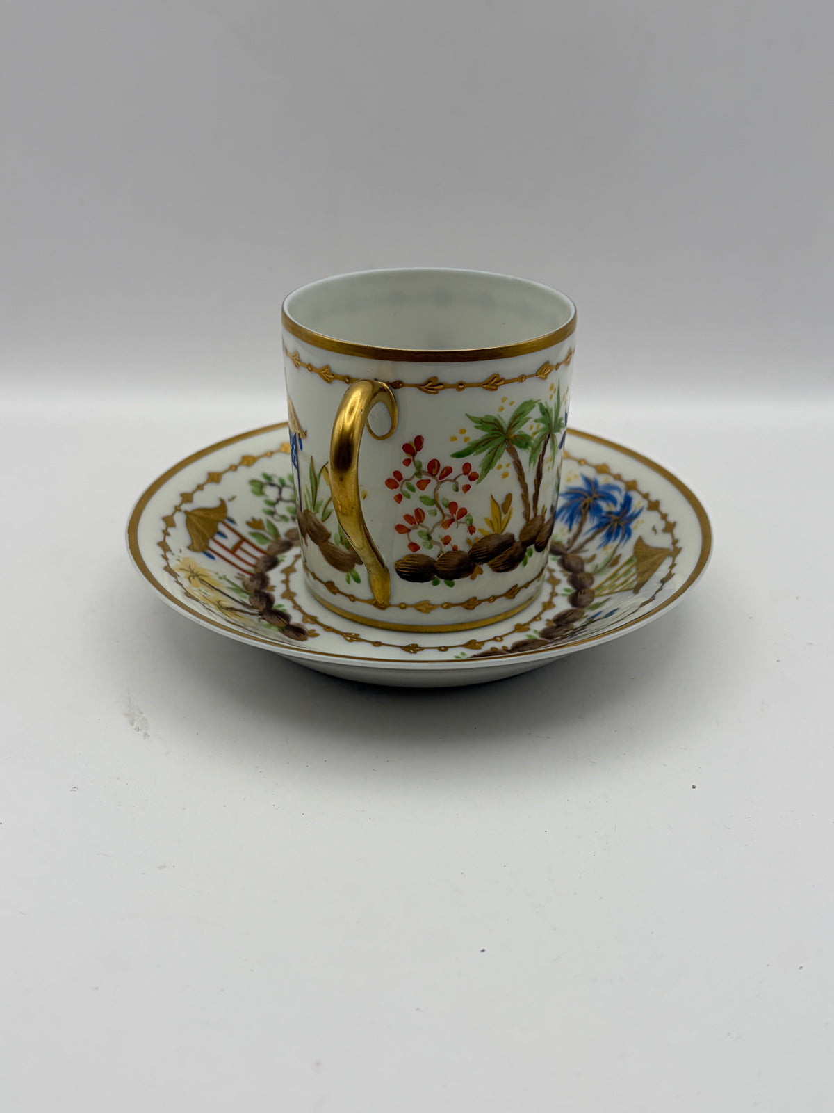 Tiffany & Co Porcelain Cup & Saucer Set, Painted Floral/Bird, White Gold Trim Handle