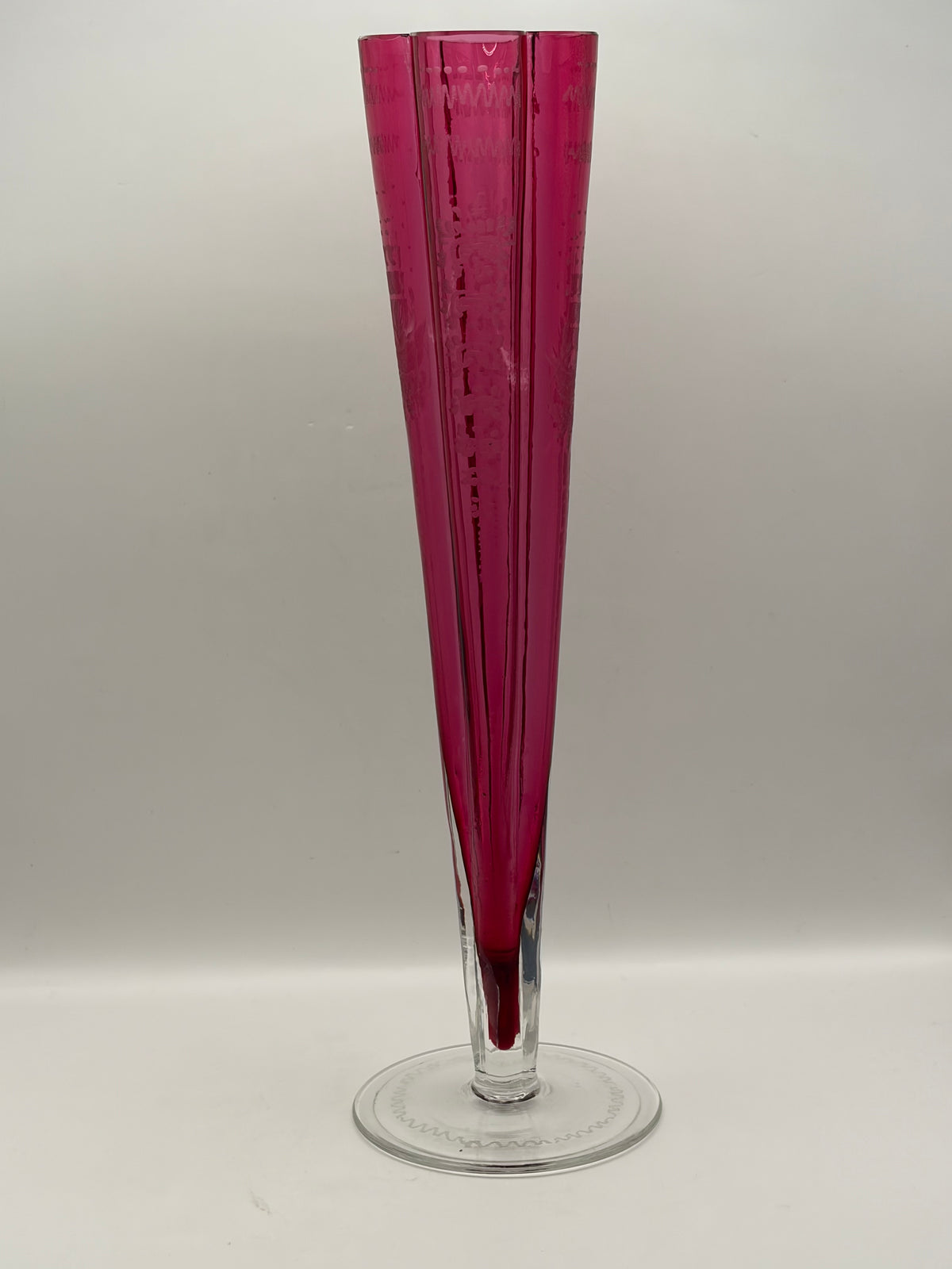 Zodad Pink Art Glass Vase Etched Abstract Design Clear Foot 12 in H 7 in L