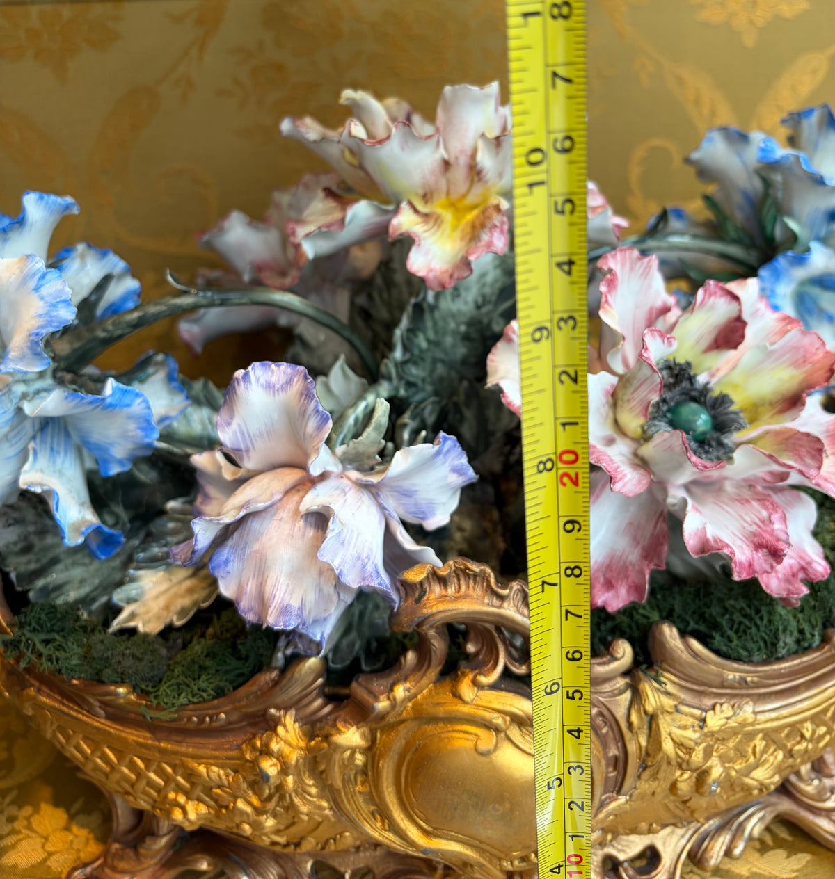 Gold-Tone Metal Floral Centerpiece Bowl w/ Pink/Blue/White ceramic Flowers