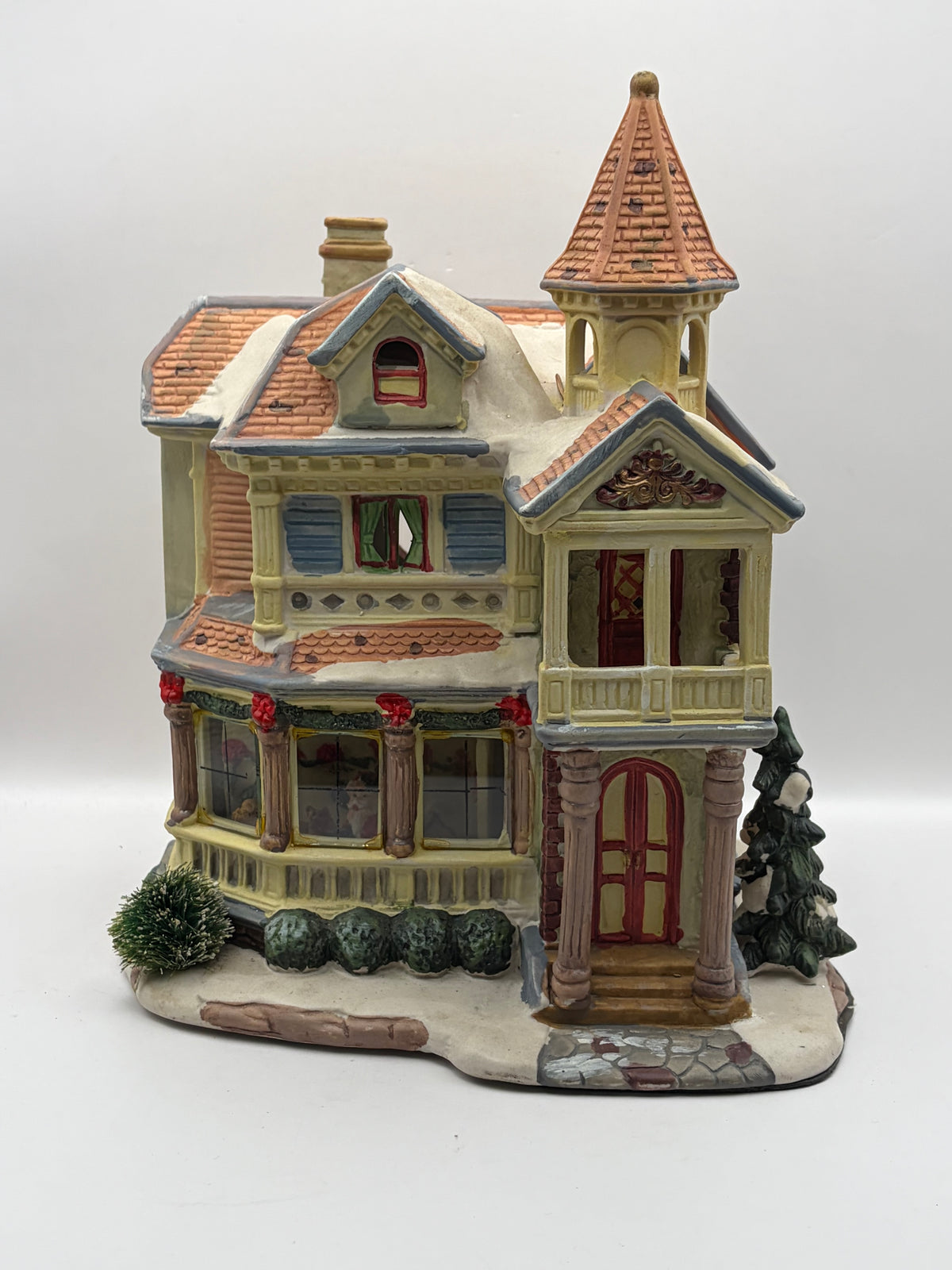 Victorian Christmas Village House Figurine, Ceramic Porcelain, Painted, 9x8"