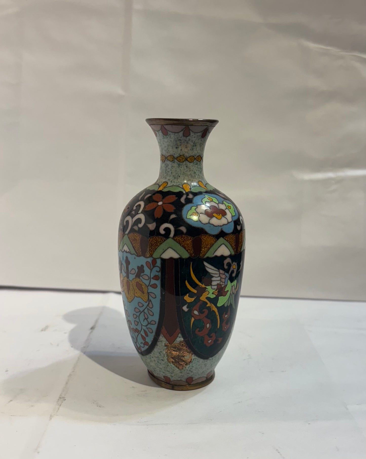 Fine Japanese Meiji Ginbari Cloisonne Enamel Dragon & Phoenix Vase 5 1/2