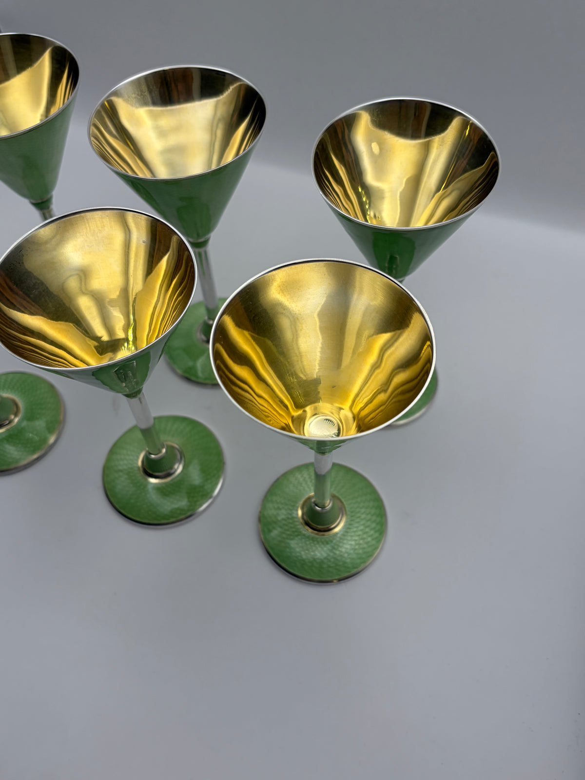 Vintage Germany Art Deco beautiful green guilloché enamel set STERLING SILVER