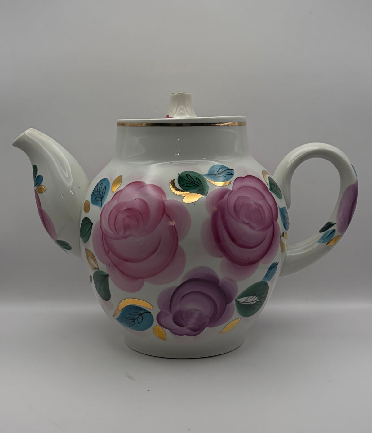 Ceramic Tea Pot Floral Rose White Pink Purple Gold Trim Lid Handle 4 Cup