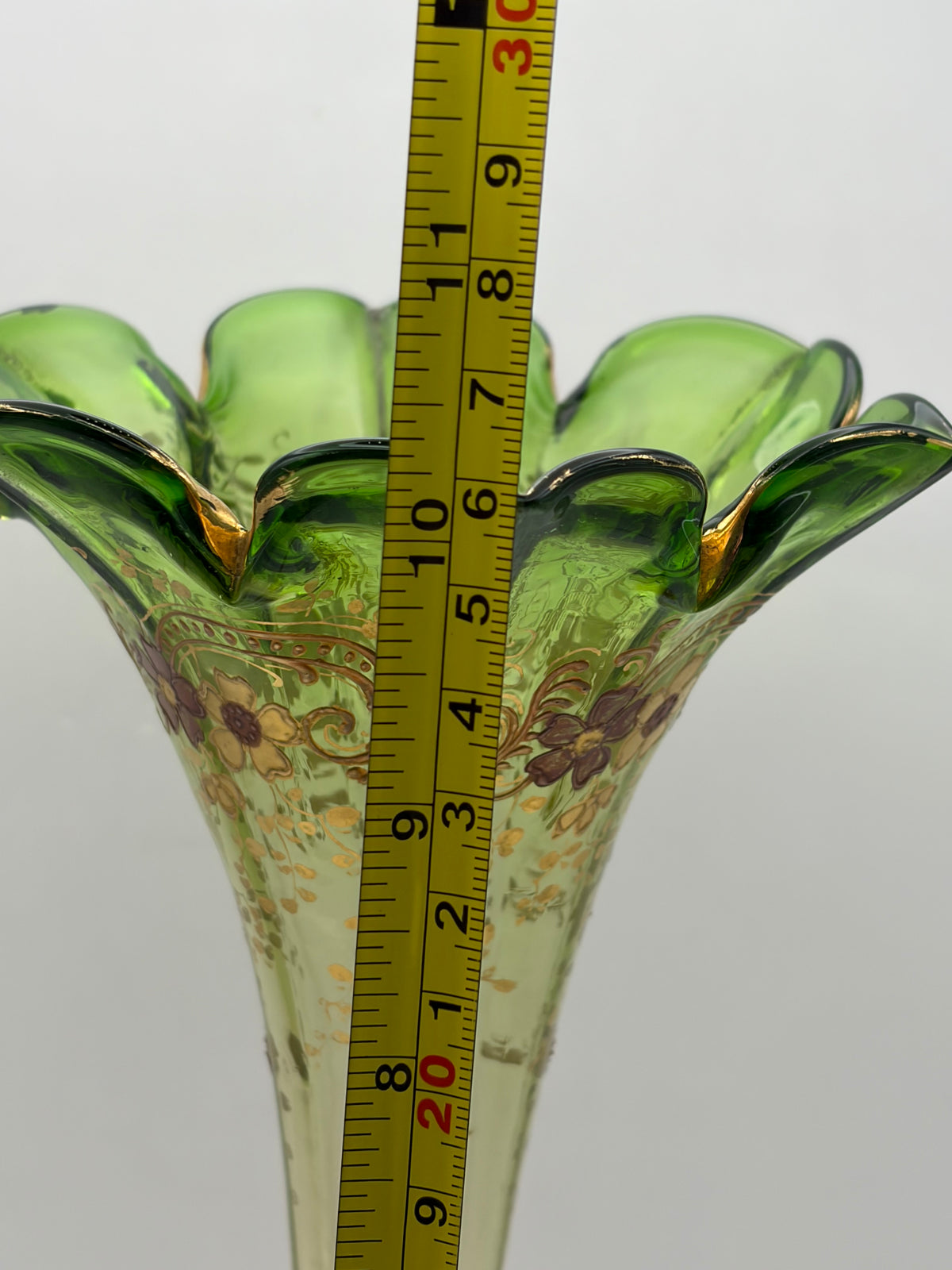 Hand Painted Floral Glass Trumpet Vase Green & Pink Flared Scalloped Rim 11"