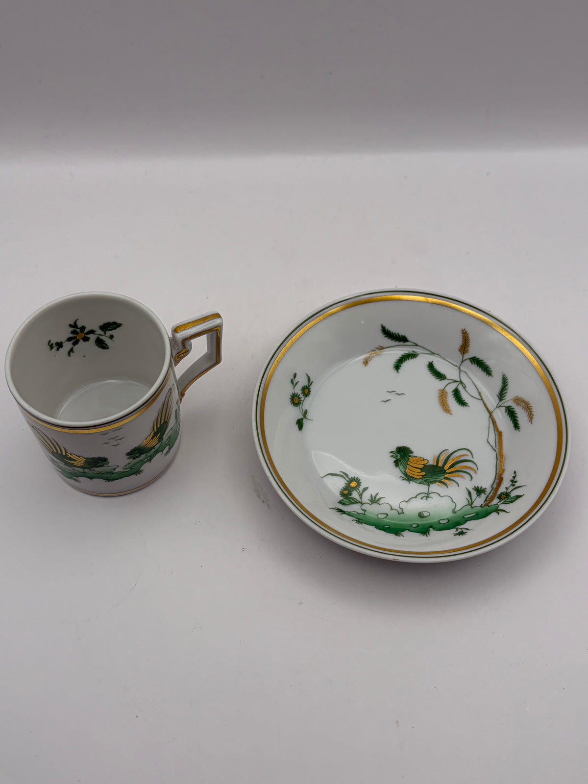 Richard Ginori Porcelain Cup & Saucer Italy White Green Gold Bird, Gold Handle