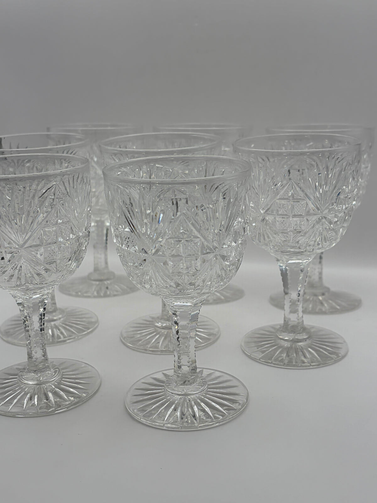 Set of 8 Clear Cut Glass Starburst Wine Glasses/Goblets Stemware 6 in