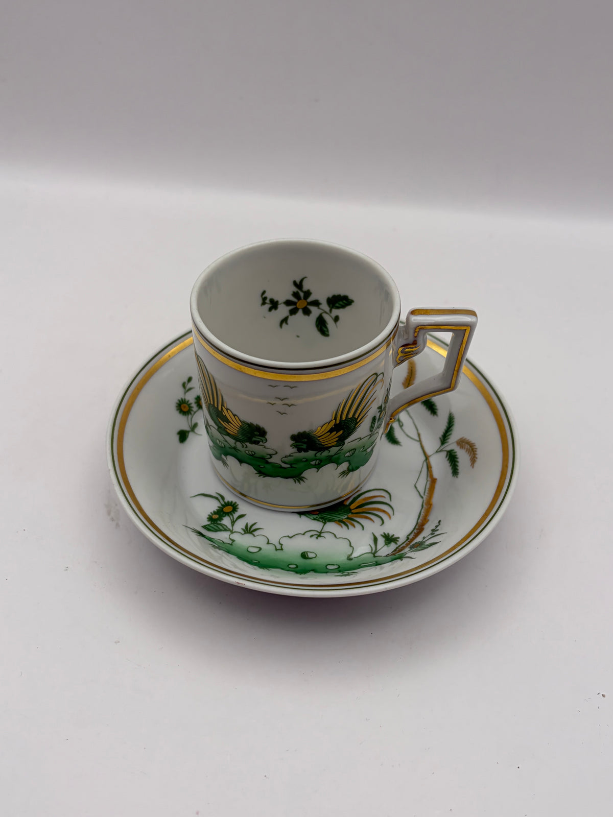 Richard Ginori Porcelain Cup & Saucer Italy White Green Gold Bird, Gold Handle