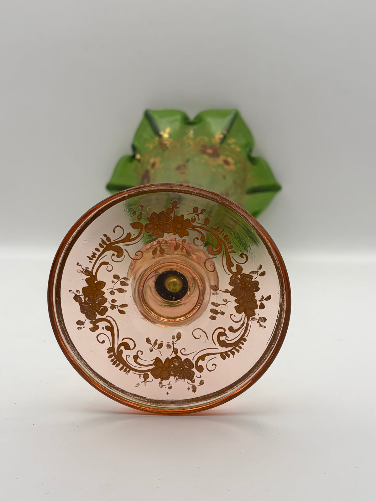 Hand Painted Floral Glass Trumpet Vase Green & Pink Flared Scalloped Rim 11"