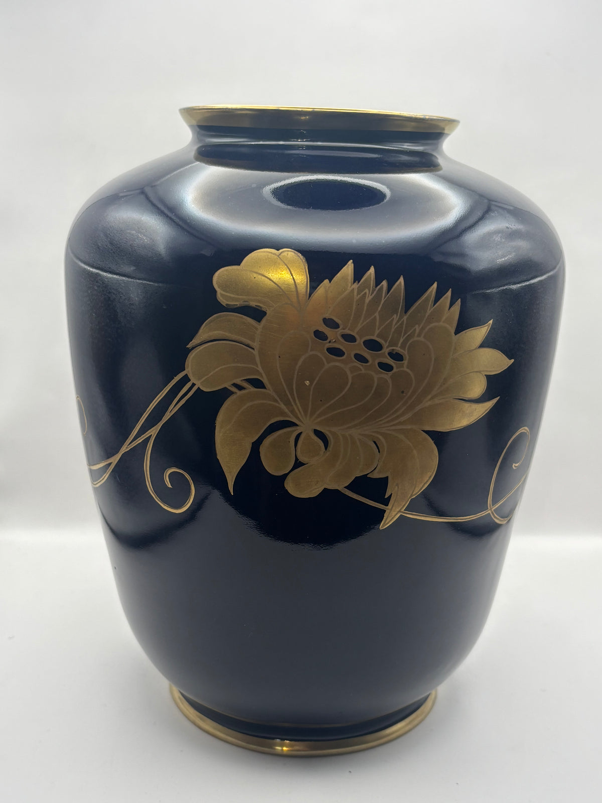 Vtg Large Porcelain Pottery Vase Deep Cobalt Blue w/Gold Flowers Made In Romania