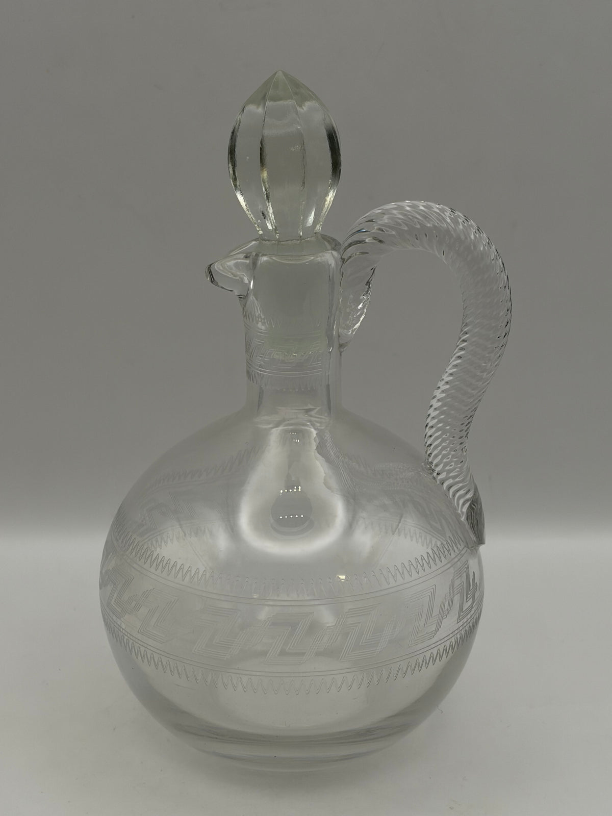 Clear Glass Geometric Round Decanter w/ Stopper & Handle, 8.5" x 5"