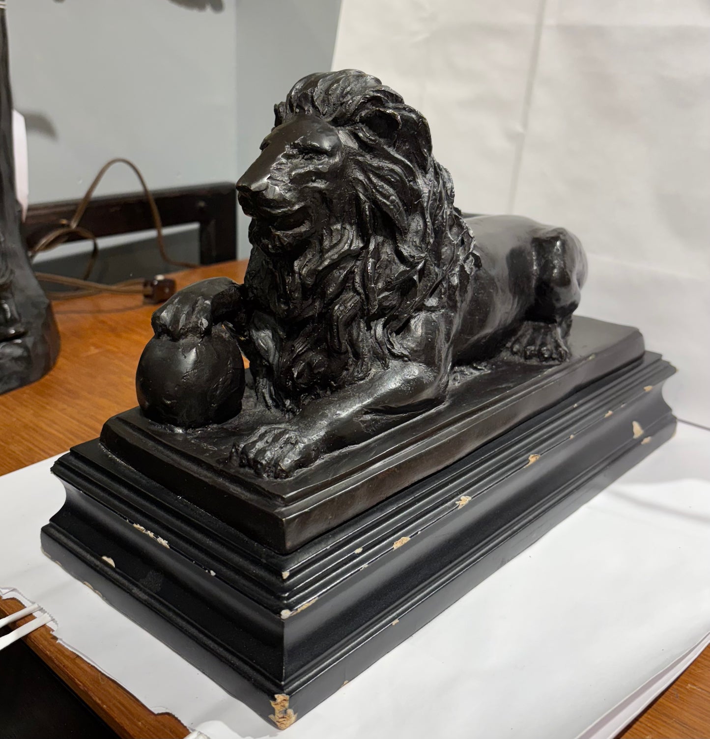 Vintage Resin Black Lion on Stand 12" X 9" Tall Almost