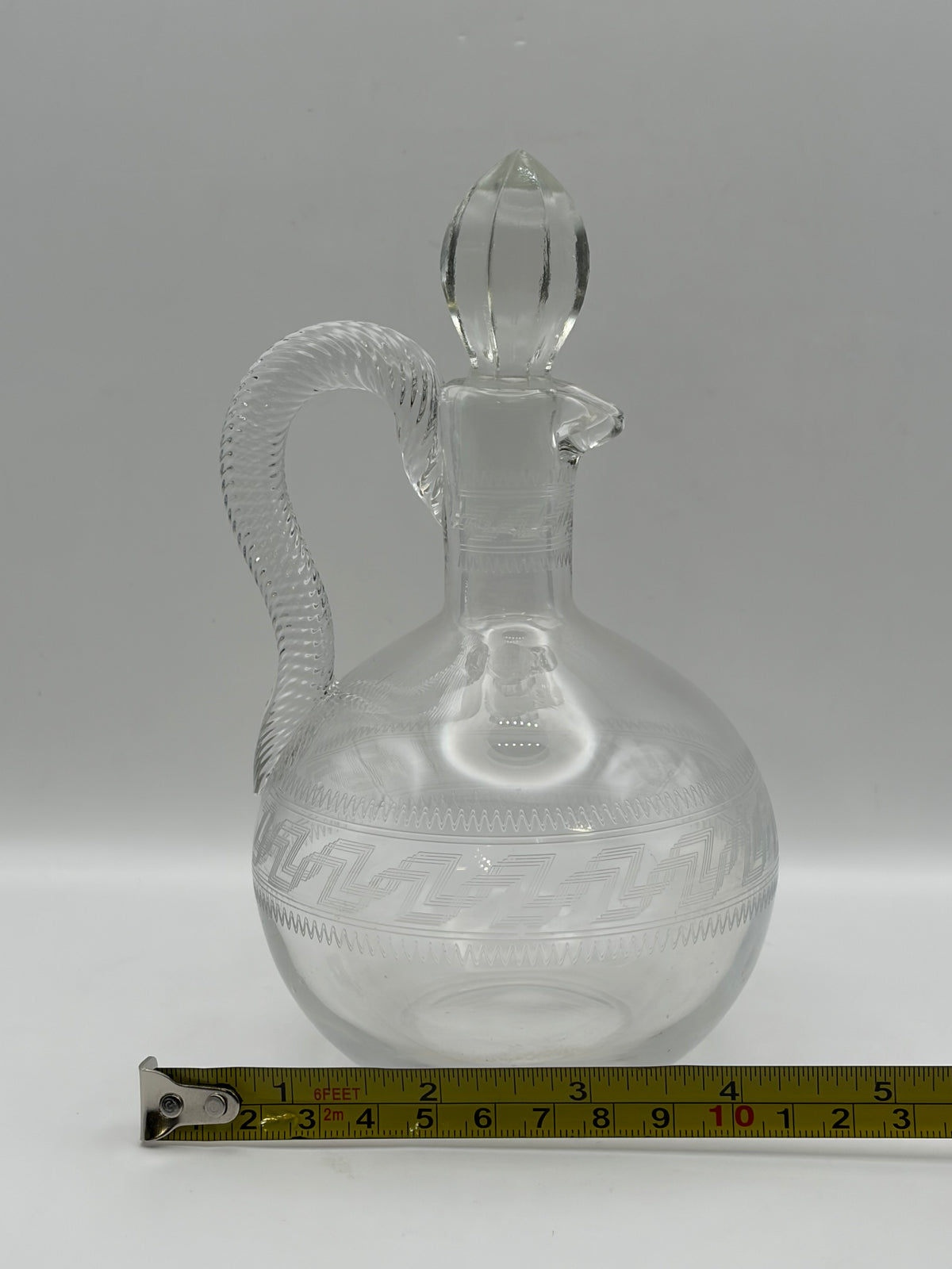 Clear Glass Geometric Round Decanter w/ Stopper & Handle, 8.5" x 5"