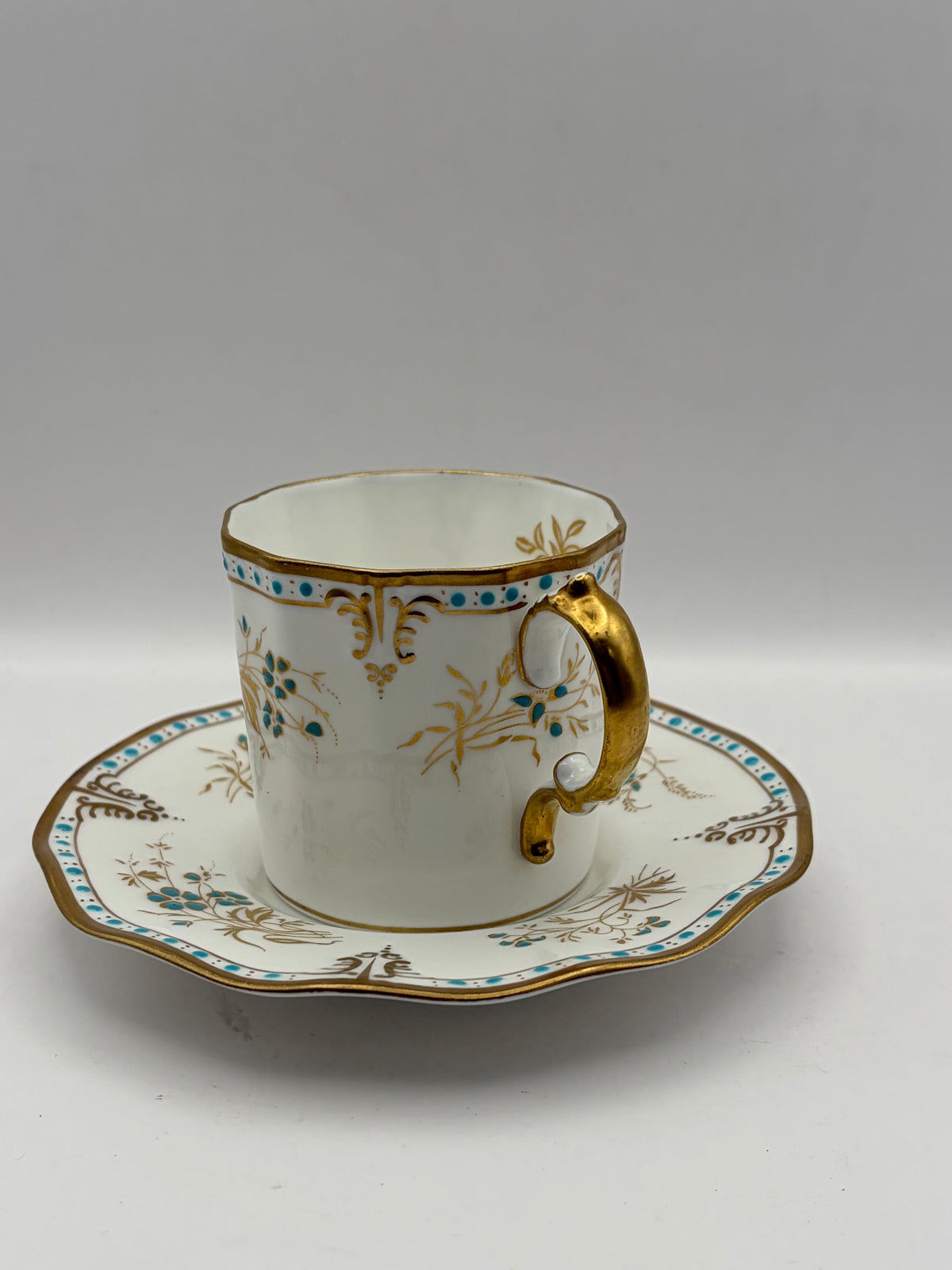 Royal Crown Derby Normandie Bone China Cup & Saucer 8 oz White Gold Blue A114
