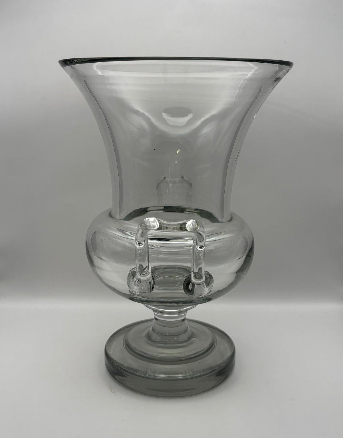 Clear Glass Pedestal Vase With Side Handles Flared Rim 11 in