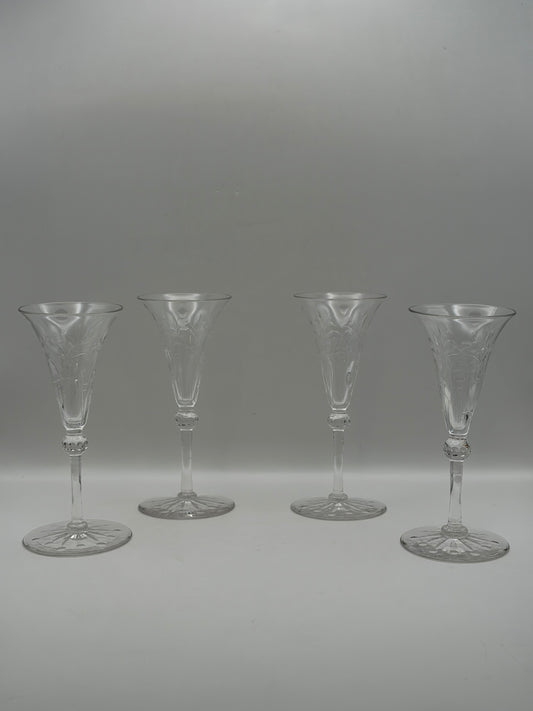 Waterford Set of 4 Clear Etched Stemmed Glass Champagne Flutes 7 in Tall, Service for 4