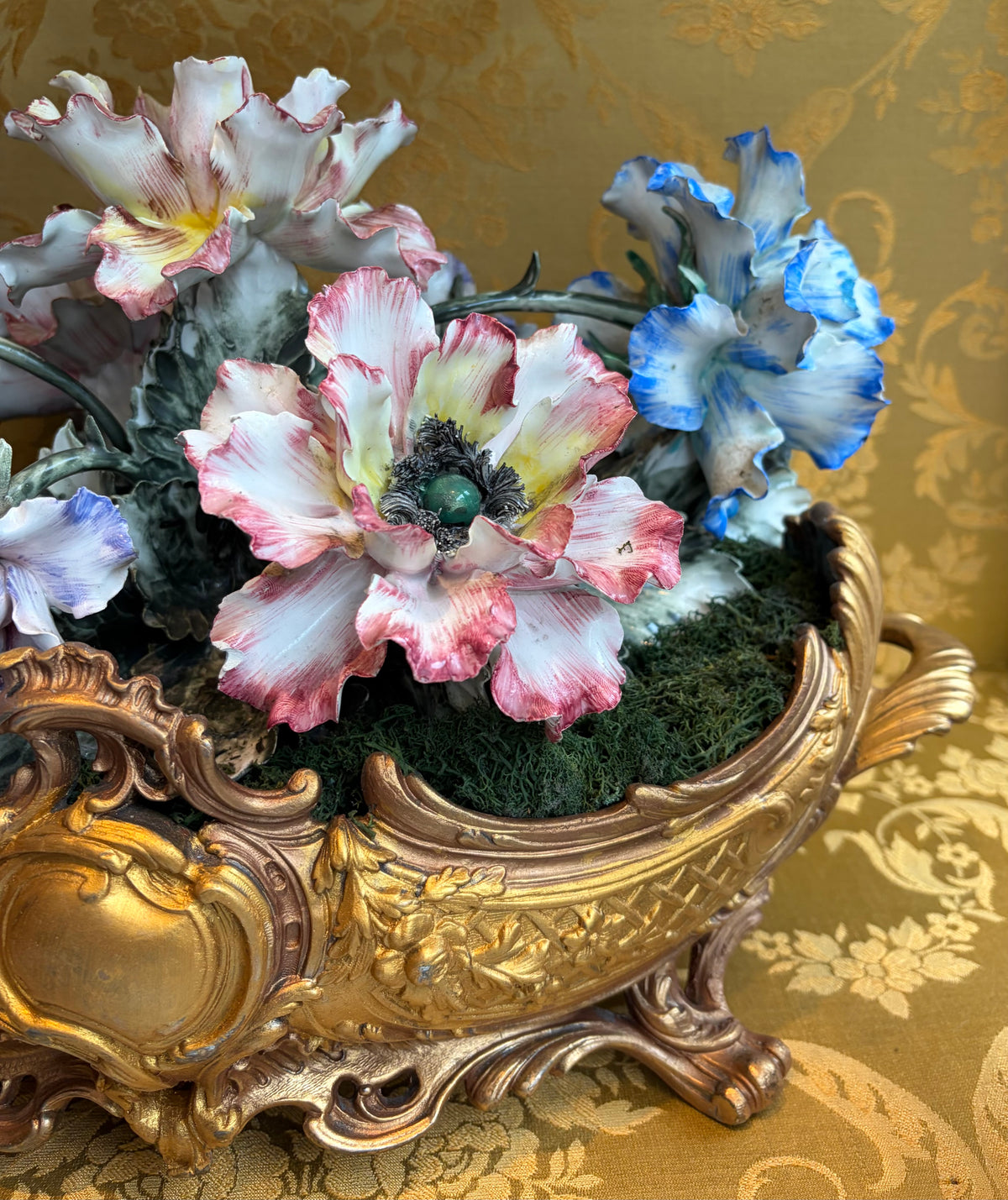 Gold-Tone Metal Floral Centerpiece Bowl w/ Pink/Blue/White ceramic Flowers