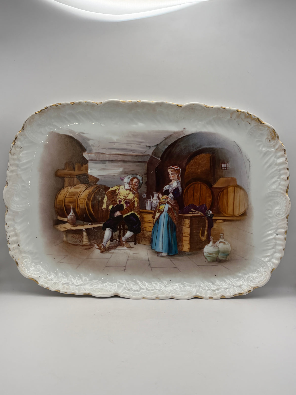 Limoges Porcelain Rectangle Serving Tray Painted Tavern Scene Gold Trim