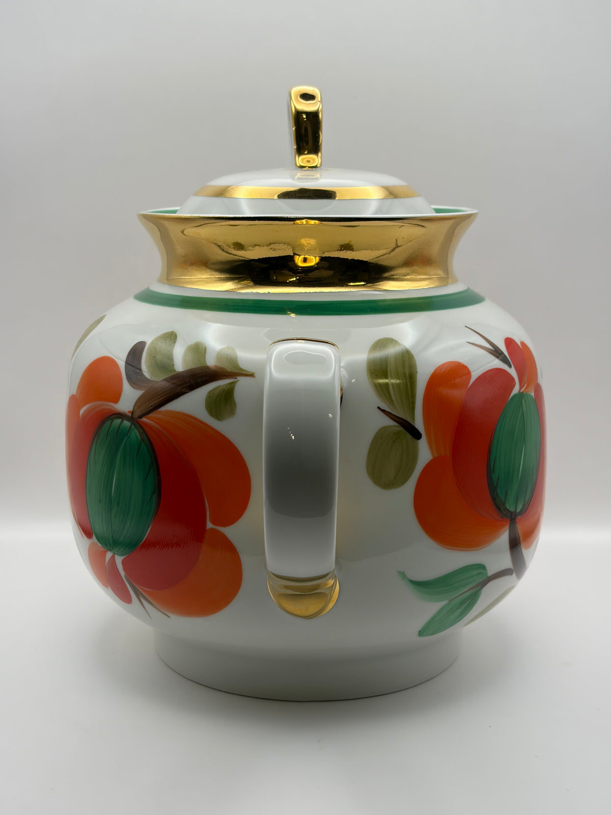 Porcelain Floral Teapot w/ Lid Gold Trim Round Handles Painted Backstamp 7 in