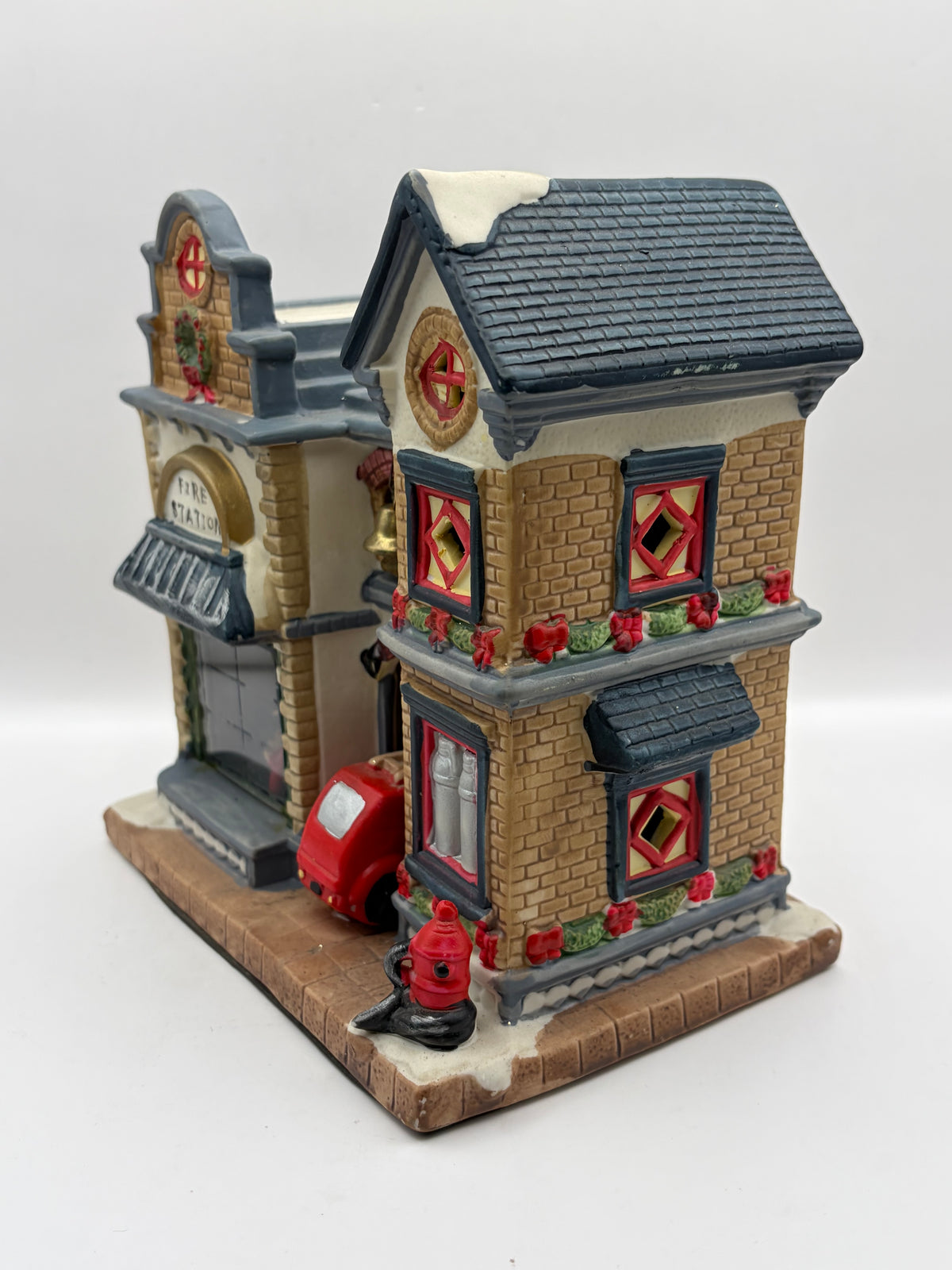 Ceramic Holiday Village Fire Station House Building Figurine w/ Red Truck 7in