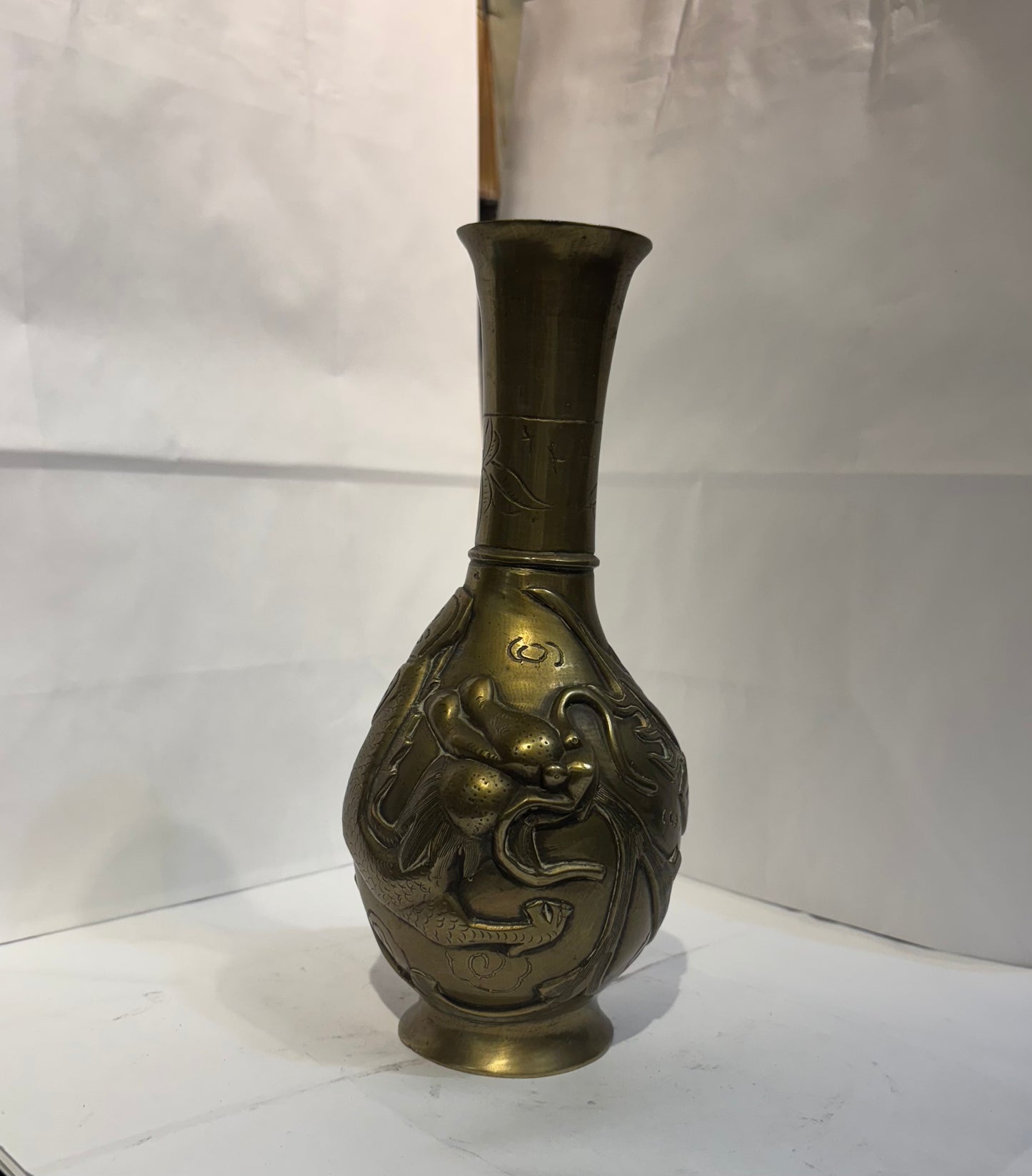 Antique Chinese Brass Vase with Dragon Relief handmade.