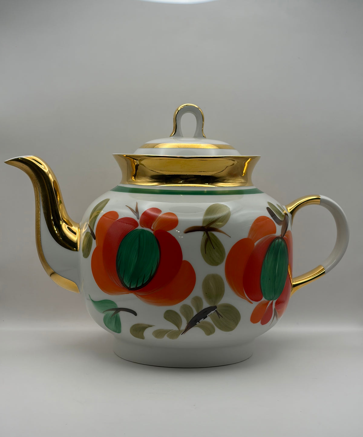 Porcelain Floral Teapot w/ Lid Gold Trim Round Handles Painted Backstamp 7 in