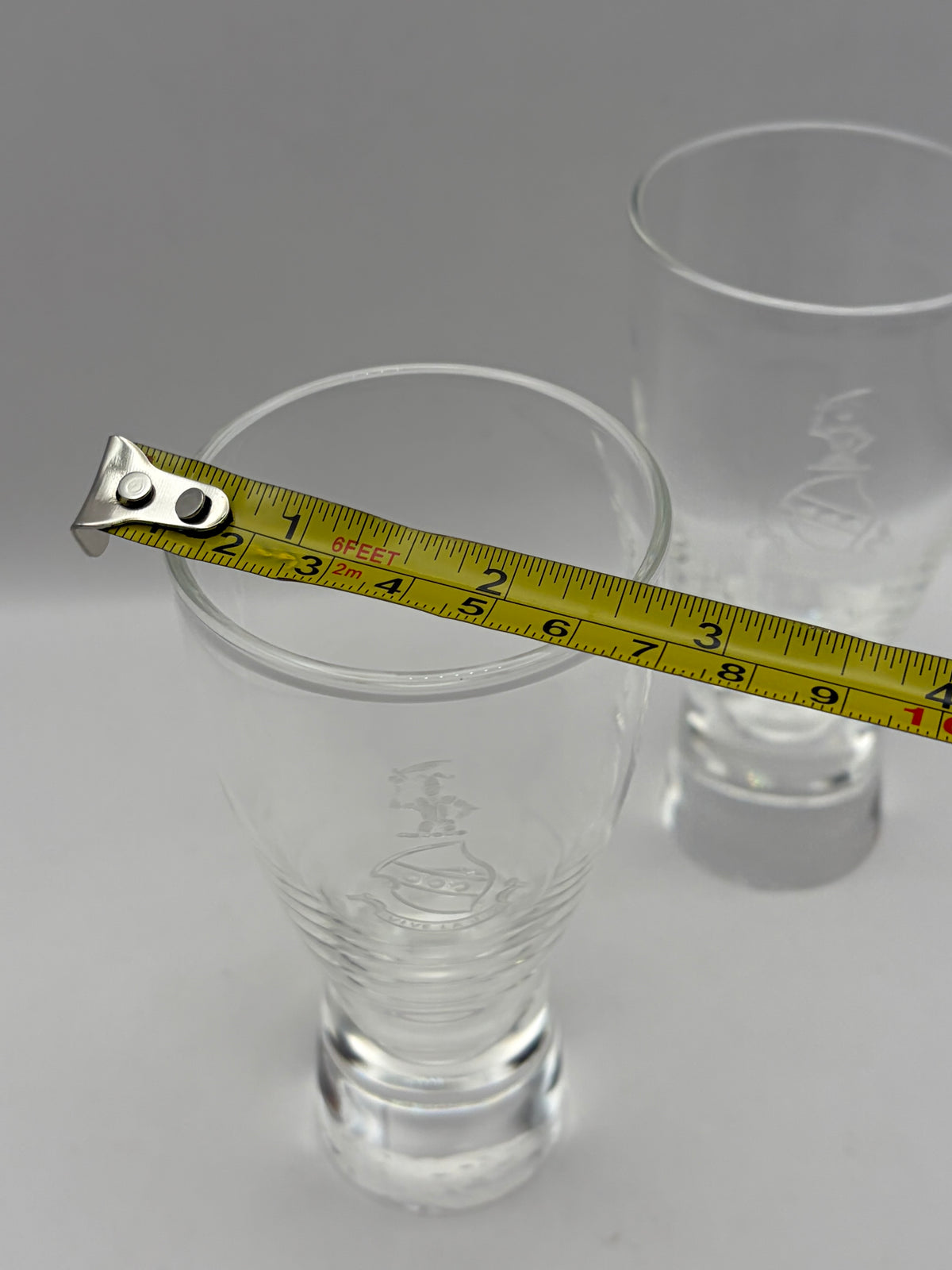 Steuben Fireball Etched Clear Glass Shot Glasses Set of 2, 4.75" H x 2.25" Dia