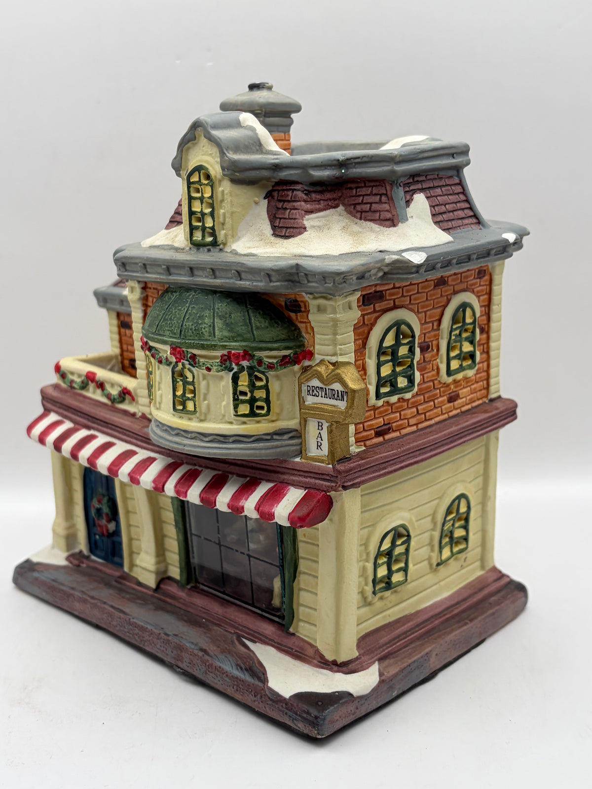 Ceramic Christmas Village Restaurant/Bar House Building, Painted Snow, 8in Tall
