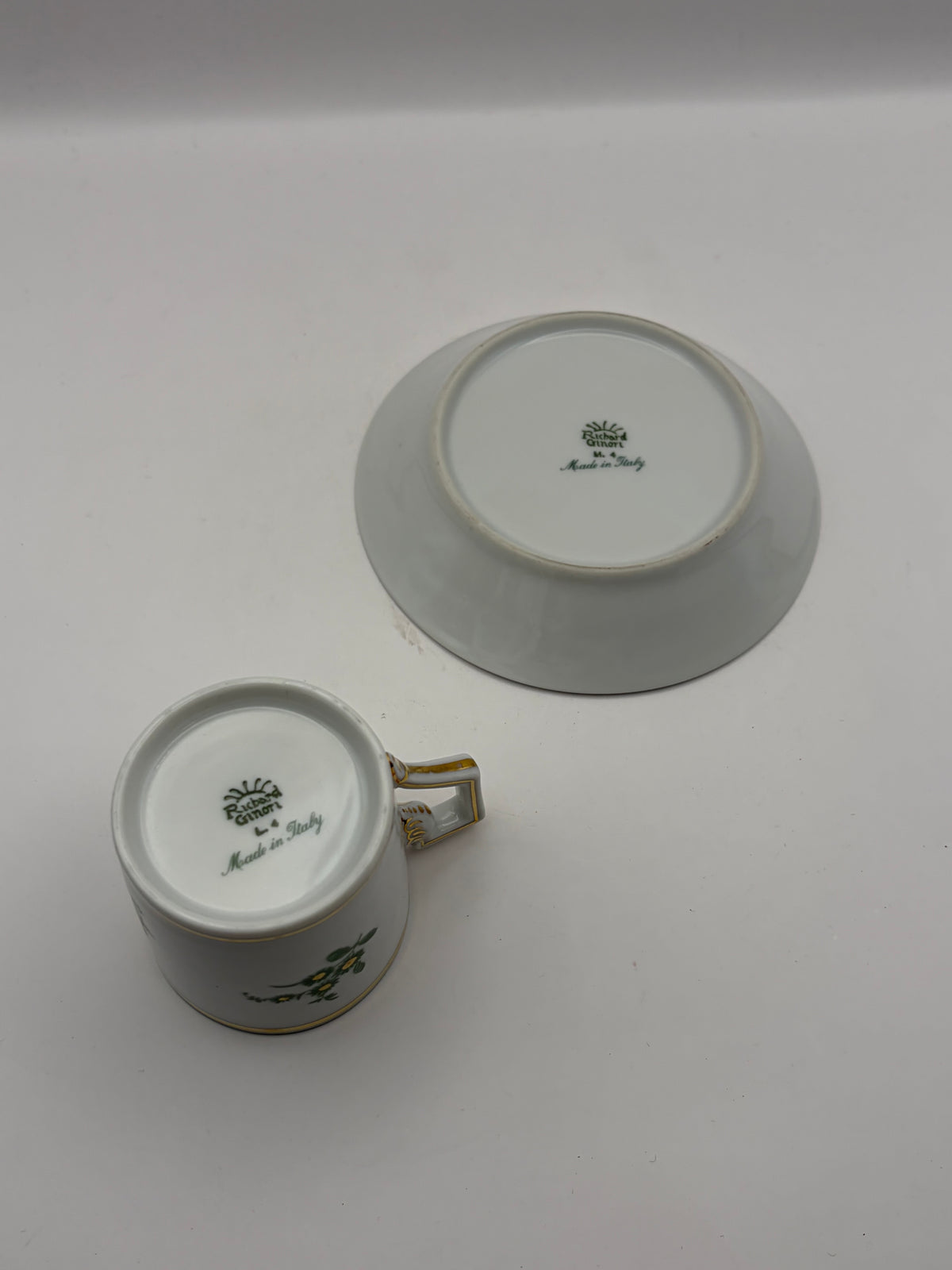 Richard Ginori Porcelain Cup & Saucer Italy White Green Gold Bird, Gold Handle
