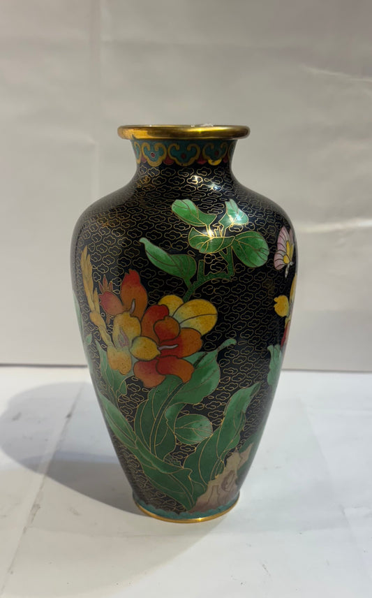 Chinese Vintage Jingfang Cloisonne Vase, Brass Flower Vase, Cloisonne Vase, Hand Made Painted, Gold Floral, Home Decor, Gift 
 7 1/8”