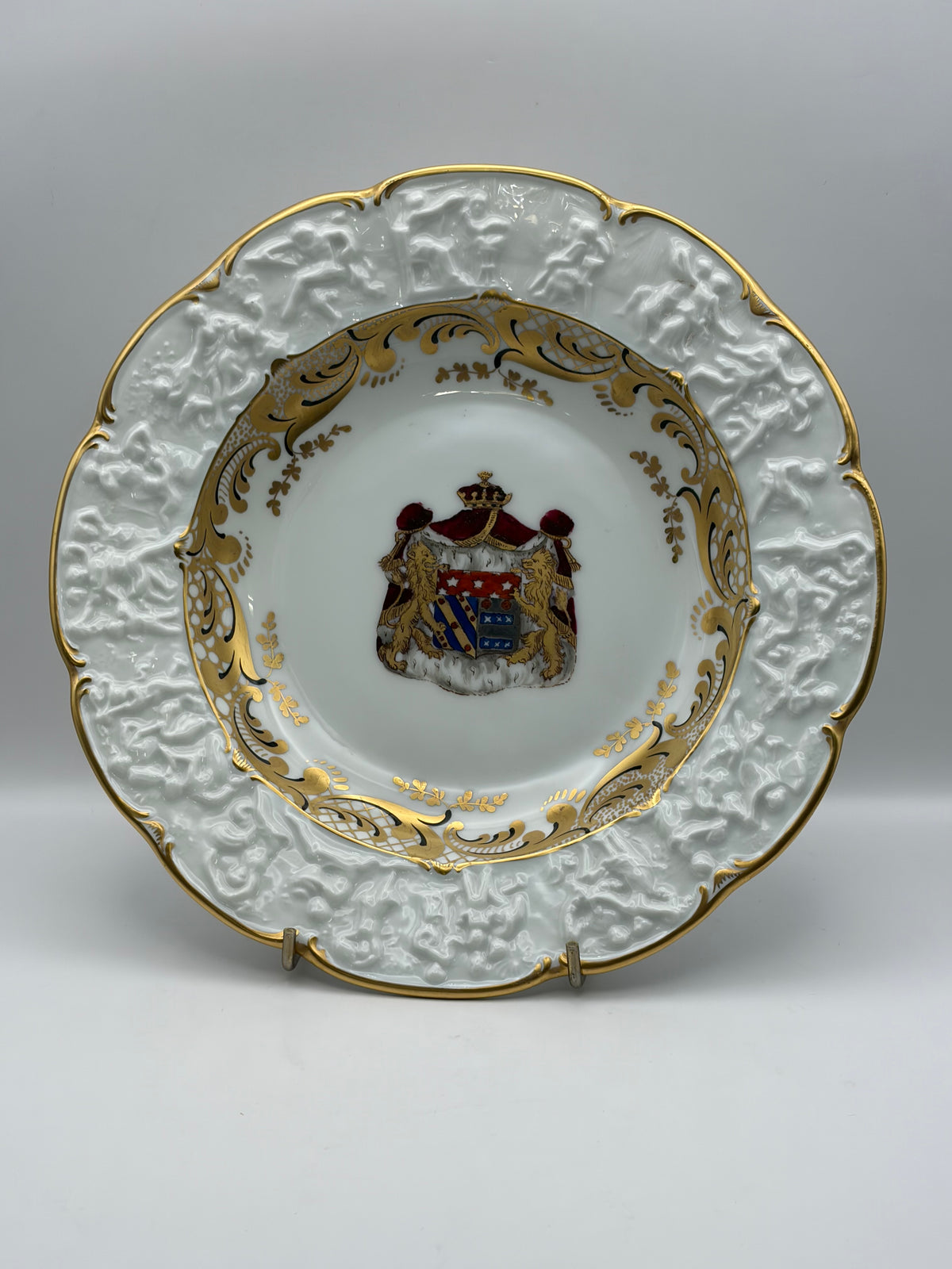 White Porcelain Plate Napoleon & Josephine Coat of Arms Gold Trim 10” Round capodimonte