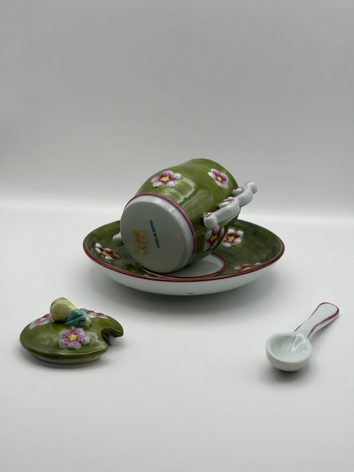 Floral Green Ceramic Cup & Saucer Set w/ Lid & Spoon 4 oz Made in Italy
