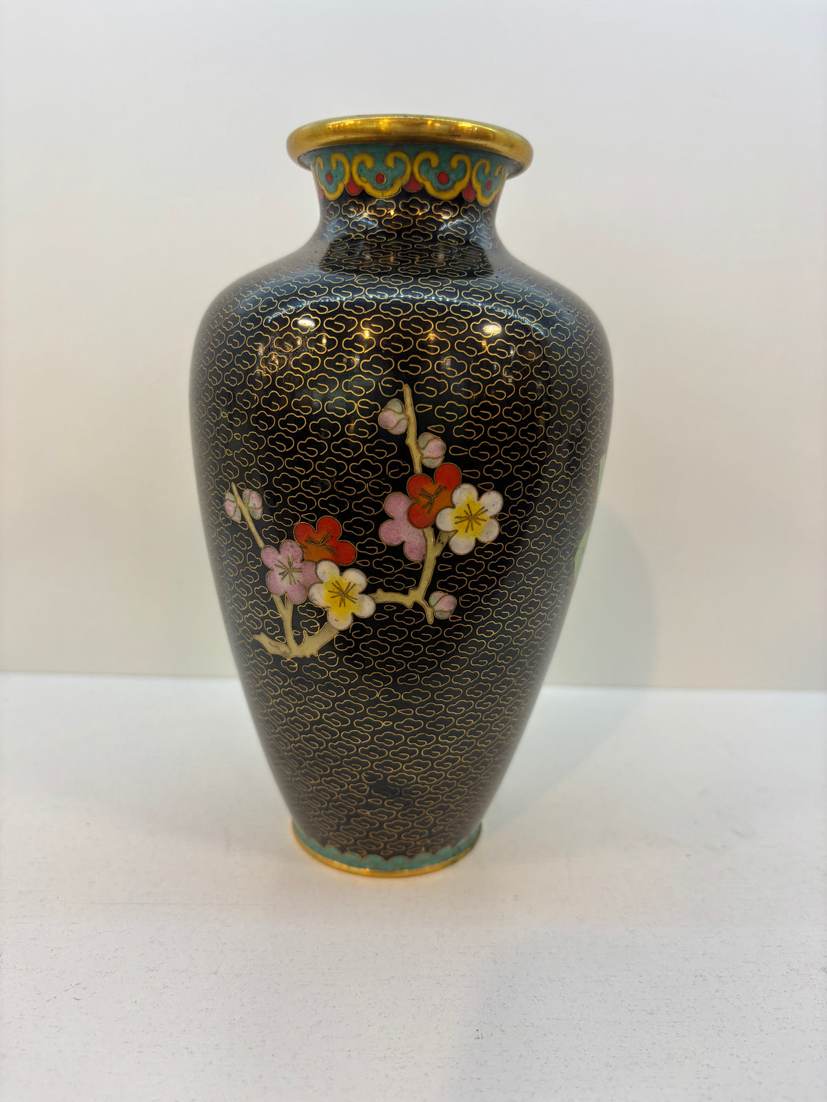 Chinese Vintage Jingfang Cloisonne Vase, Brass Flower Vase, Cloisonne Vase, Hand Made Painted, Gold Floral, Home Decor, Gift 
 7 1/8”